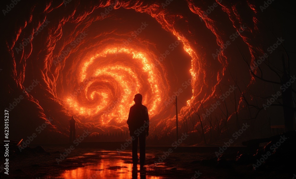 Aufkleber a person standing in front of a spiral of fire. generative ai image.