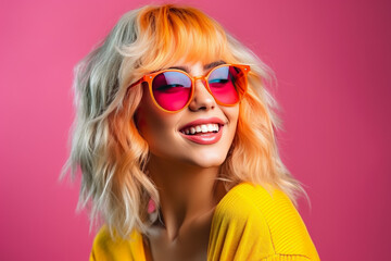 Summer Happy Woman. Joyful Girl in Stylish Trend Colors, Elegantly Posing with Vibrant Smile, Emotionally Positive, Romantic and Fashionable Student. Generative AI.