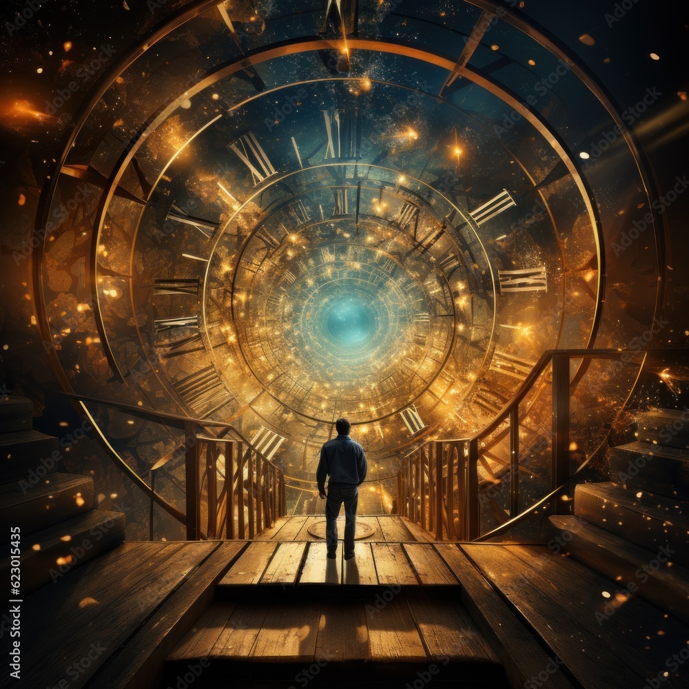 Poster a man standing on a wooden platform in front of a clock. generative ai image.