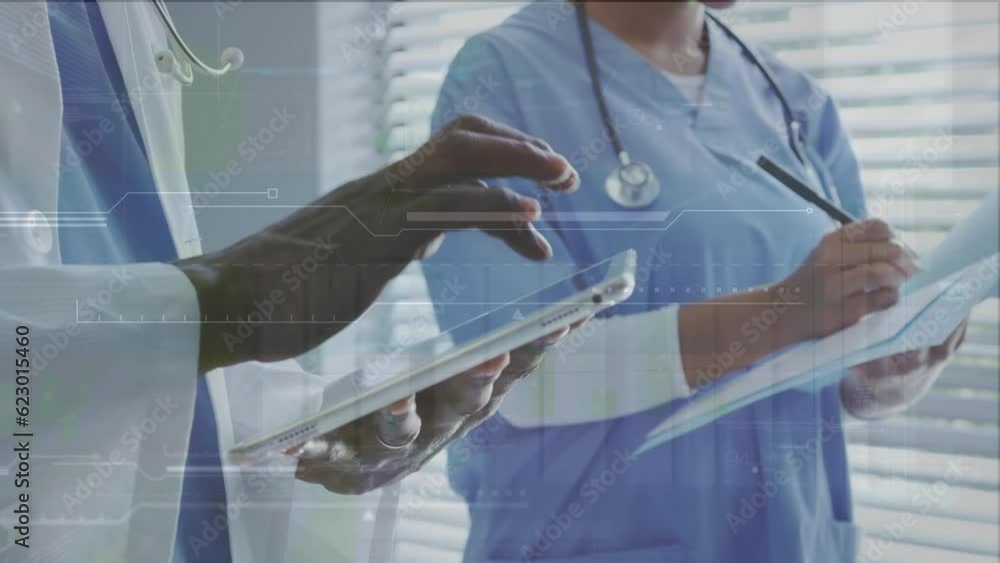Poster animation of data processing over mid section of doctors using digital tablet and writing reports