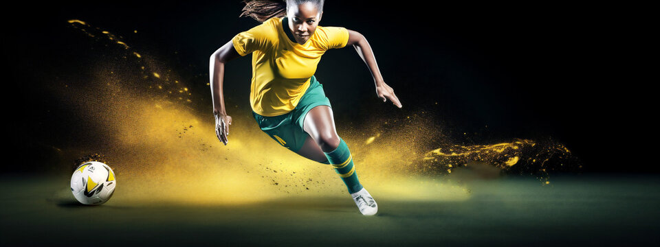 Australian soccer player with the ball in play at the Womens World Cup 2023. Australian women football design, green and gold. Generative Ai content