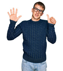 Young blond man wearing casual clothes and glasses showing and pointing up with fingers number six while smiling confident and happy.