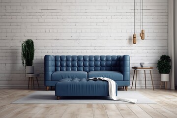 a living area with a blue leather couch, oak floors, and a white brick wall. Generative AI