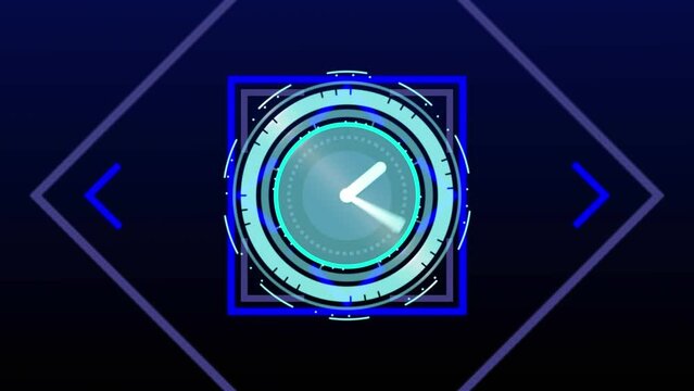 Animation of looping circles over digital clock on geometric shapes, arrows against black background