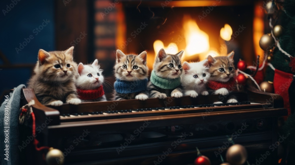 Poster a group of kittens sitting on top of a piano. generative ai image.