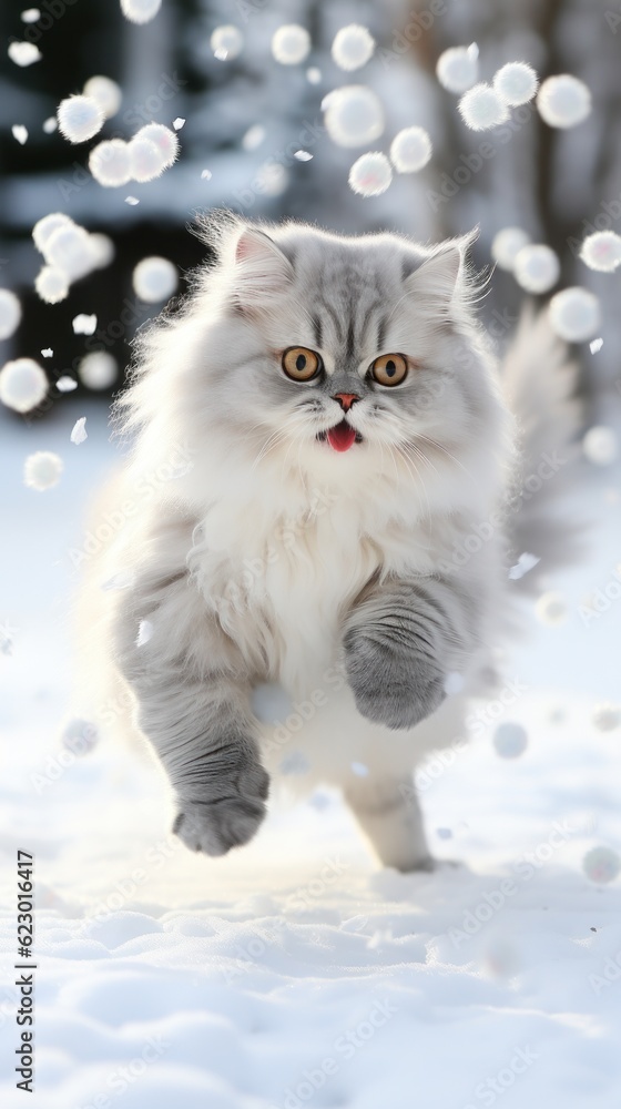 Poster a cat running through the snow with bubbles in the air. generative ai image.