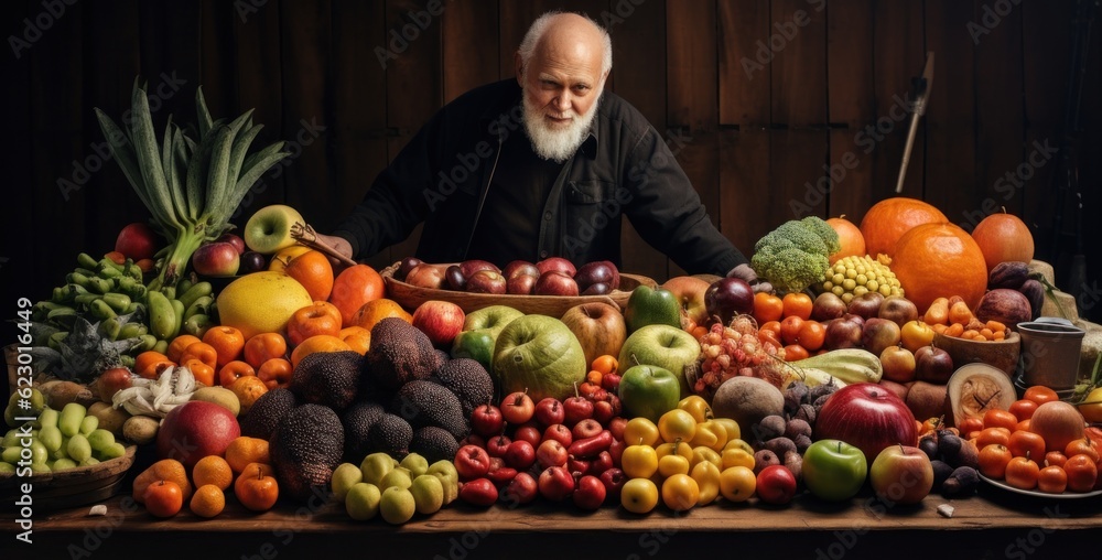 Poster a man standing in front of a table full of fruits and vegetables. generative ai image.