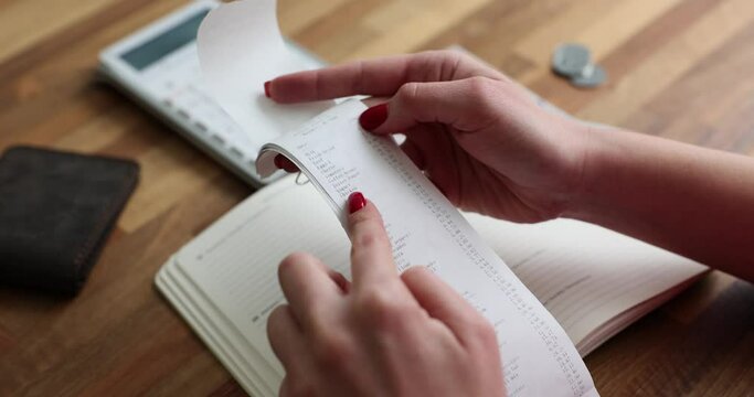 Woman checks and counts purchases on calculator. Consumer price indices