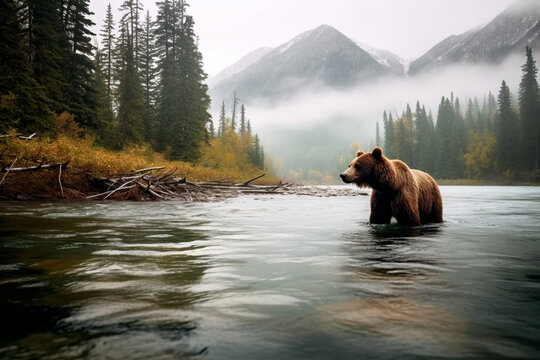 Brown bear walking through the river with beautiful forest and mountains in the background. Amazing Wildlife. Generative Ai