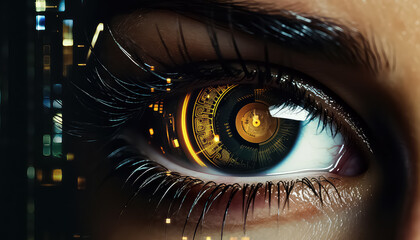Close-up of male eye with HUD display, concept of augmented reality and biometric recognition.