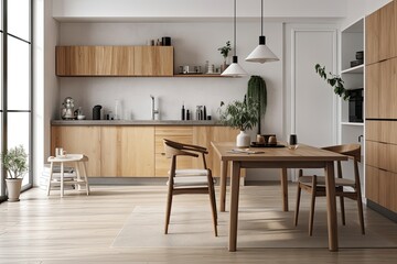 a mock up of a dining area and kitchen with a wooden cabinet and a white background. Generative AI