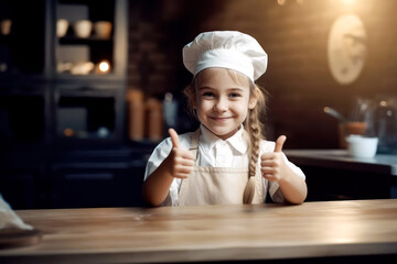 cute little chef baker in an apron and hat chef gesturing thumbs up. generative AI