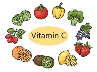 Fruits and vegetable foods containing vitamin C diagram schematic vector illustration. Medical science educational illustration