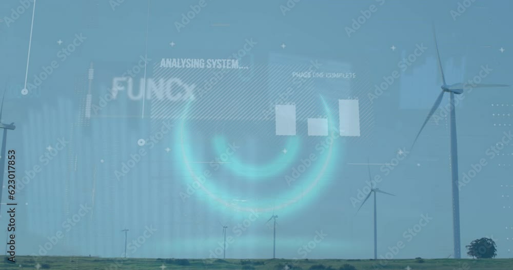 Poster animation of interface with data processing and neon round scanner against spinning windmills
