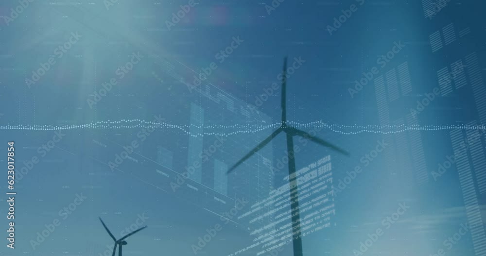 Poster animation of interface with data processing and light spot over spinning windmill against blue sky