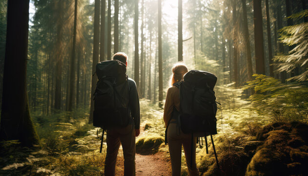 Couple explores a forest, hiking together amidst sunlight and trees, carrying backpacks. Generative AI