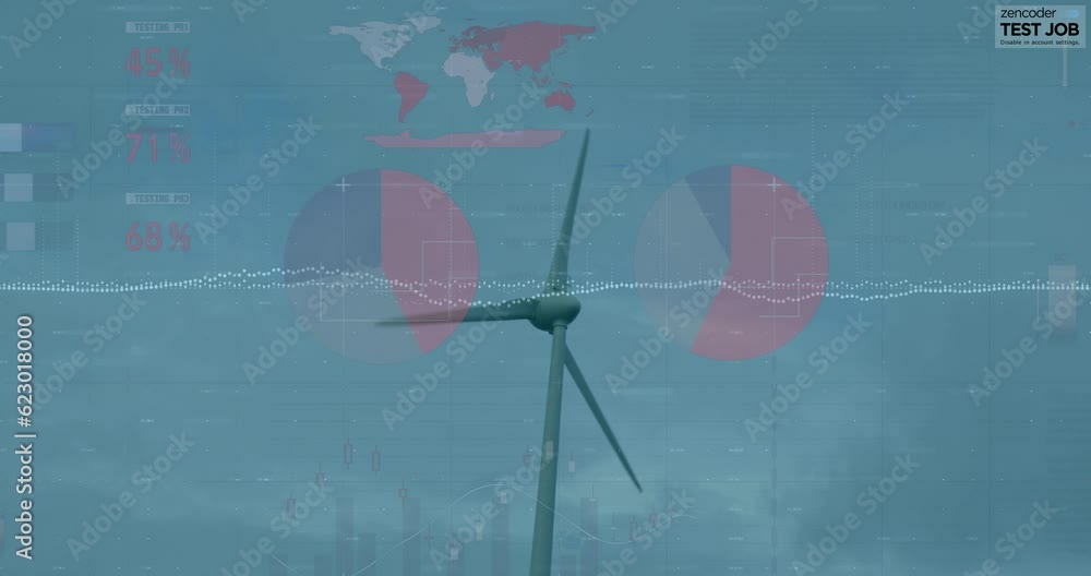 Aufkleber animation of statistical data processing over spinning windmill against blue sky