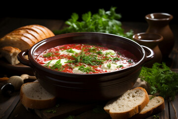 A bowl of borscht soup, vegetables, bread and greens lie nearby. AI