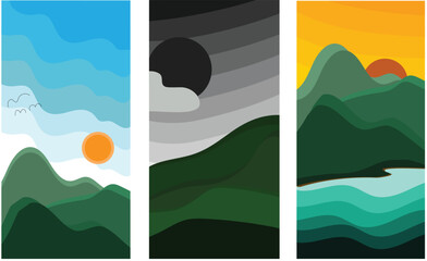 Fototapeta premium Illustration of natural scenery with 3 themes day, evening and night