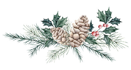 Christmas bouquet of ilex branches with red berries and spruce twig, evergreen tree, pine cone. Emerald holly leaves. Botanical Winterberry banner. Hand painted watercolor illustration for wedding