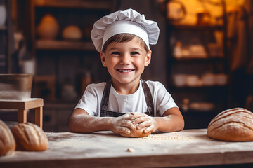 cute little chef baker in an apron and hat chef with freshly baked wheat bread. generative AI