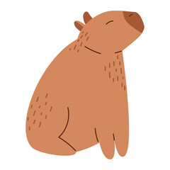 Vector funny capybara in flat design. Amusing capibara character in side view. Cute sitting capybara. South American adorable animal.