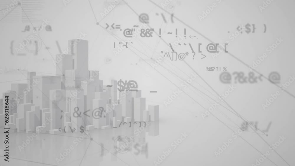 Wall mural Animation of network of connections and changing symbols over 3d city model against grey background