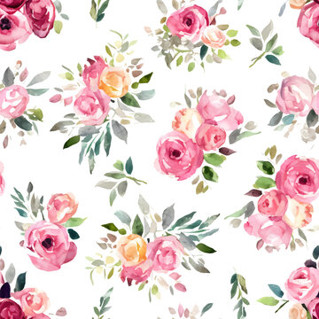 Seamless pattern with pink watercolor roses. Spring flowers and leaves. Hand drawn background. Floral pattern for wallpaper or fabric. Flower retro rose. Botanic Tile.