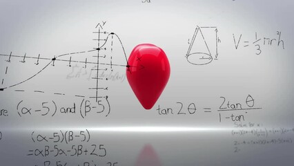 Animation of mathematical equations floating over red heart icons spinning and breaking - Powered by Adobe