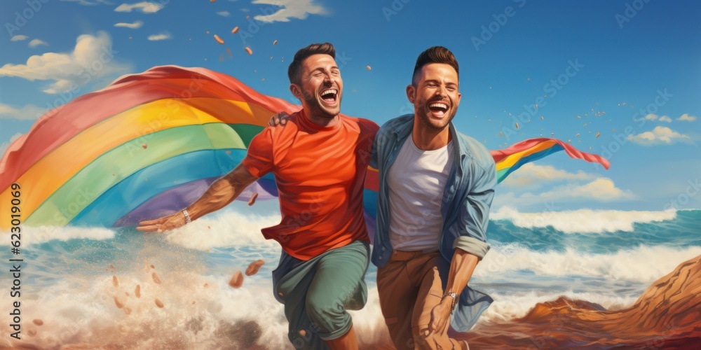 Poster two men are running on the beach with a kite. generative ai image.