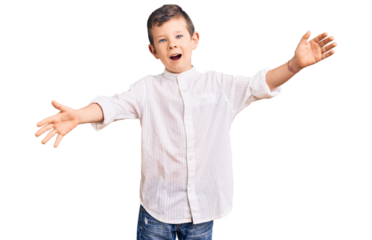 Cute blond kid wearing elegant shirt smiling cheerful offering hands giving assistance and acceptance.