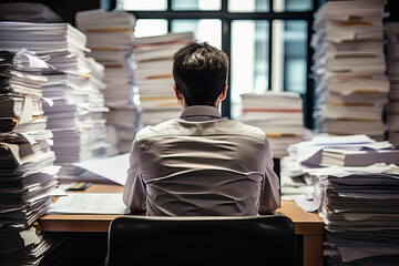 Exhausted man in the office full of folders and work . back view. 