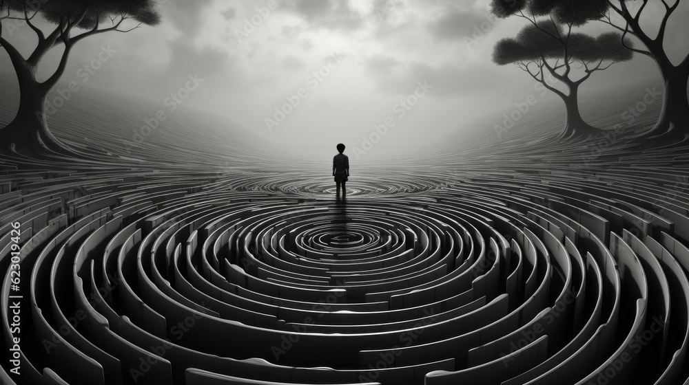 Poster a man standing in a maze surrounded by trees. generative ai image.