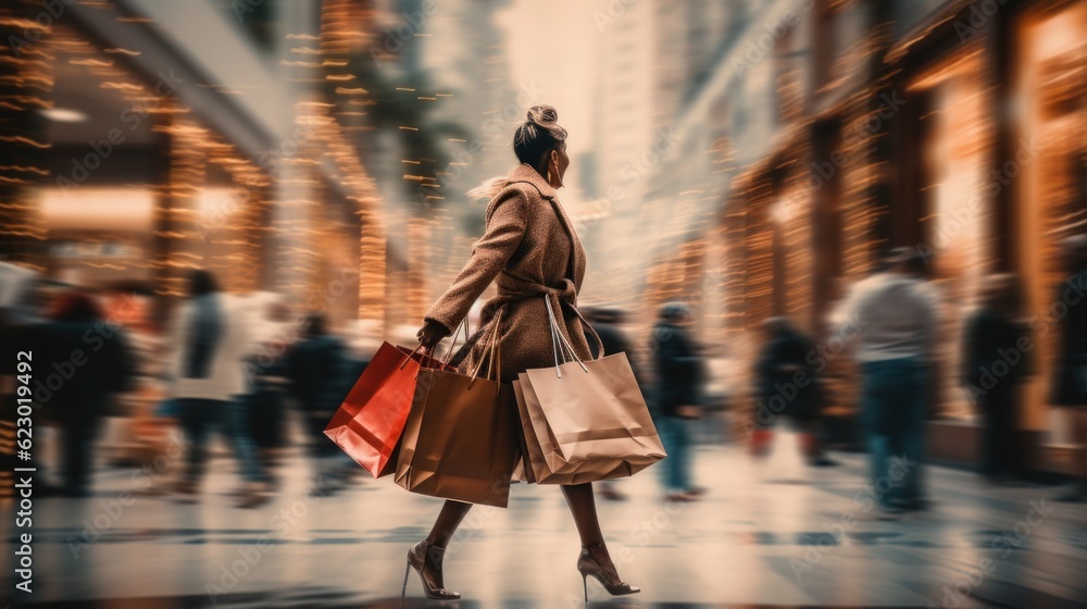 Canvas Prints A woman walking down a street with shopping bags. Generative AI image.