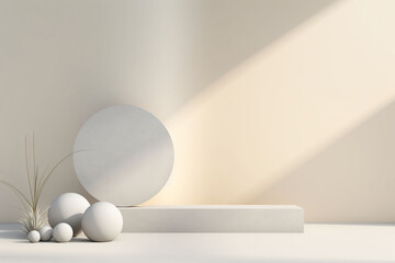 minimalist scene mockup beige and white geometric background front view, product display, Generative AI