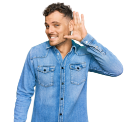 Young hispanic man wearing casual denim jacket smiling with hand over ear listening an hearing to rumor or gossip. deafness concept.