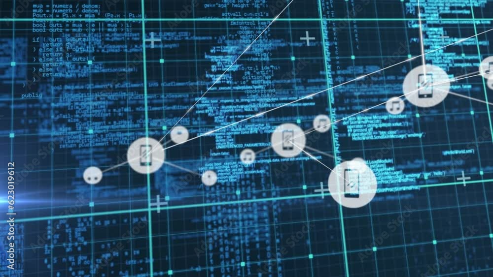 Poster animation of network of digital icons and data processing over grid network against blue background