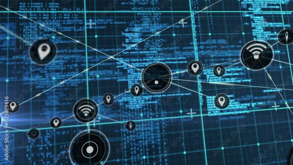 Poster animation of network of digital icons and data processing over grid network against blue background