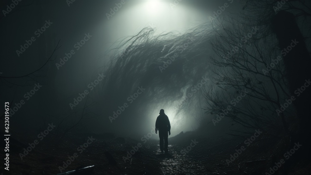 Poster a person standing in the middle of a dark forest. generative ai image.