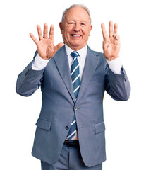 Senior handsome grey-haired man wearing elegant suit showing and pointing up with fingers number eight while smiling confident and happy.