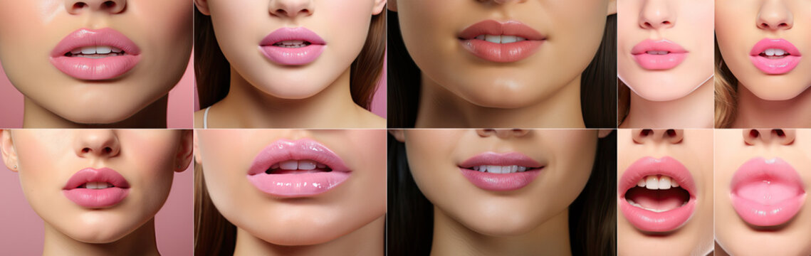 Collage with photos of beautiful lips on a pink background, close-up