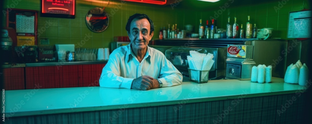 Poster a man sitting at a counter in a diner. generative ai image.