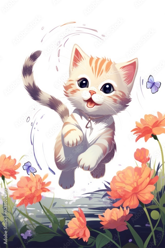 Poster a kitten running through a field of flowers. generative ai image.
