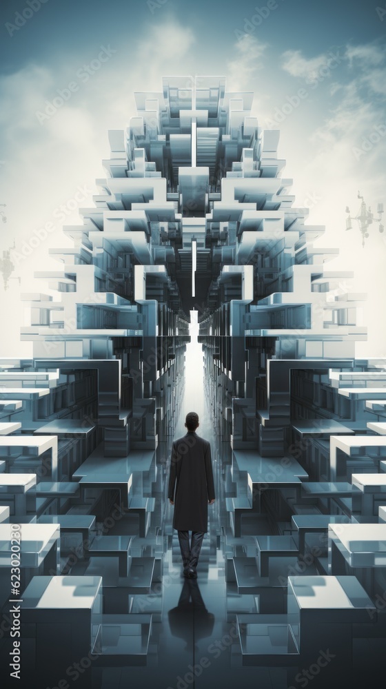 Poster a man in a suit is walking through a maze. generative ai image.