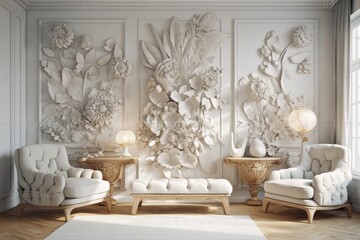 A fashionable living room design features flowers in vases and botanical bas relief wildflowers as wall art. decorative plaster flowers Interior of a contemporary, luxurious room. Generative AI
