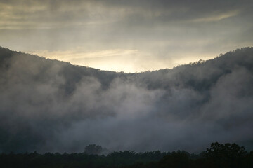 Fog and cloud over mountain after raining in twilight time. 
