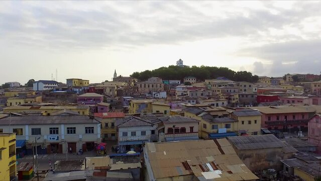 Drone 4k aerial view of an old city with colorful houses in Cape Coast, Ghana, Africa