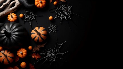 Halloween background with pumpkins, spiders, spider web on black background. Generative AI.