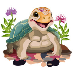 Colored turtle in flowers on a white background