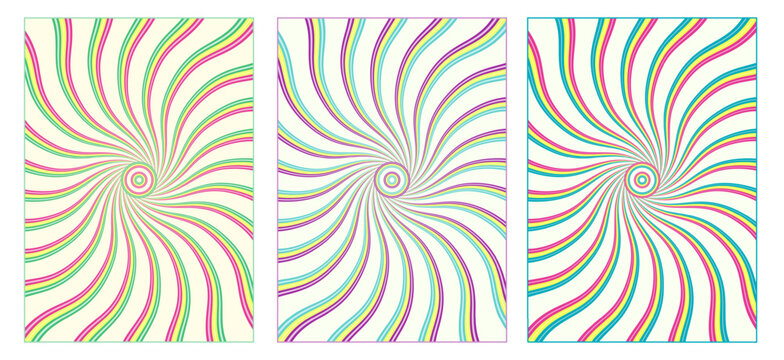 Set of psychedelic background with wavy distorted striped beams from the center 60s hippie wallpaper design. Colourful swirl, burst. For groovy, retro, pop art style With clipping mask